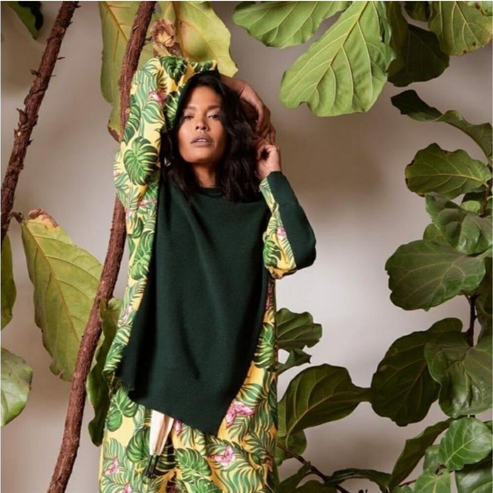 Free People x Sandrine Rose Tropical Long Sleeve Hawaiian Sweater Green Yellow